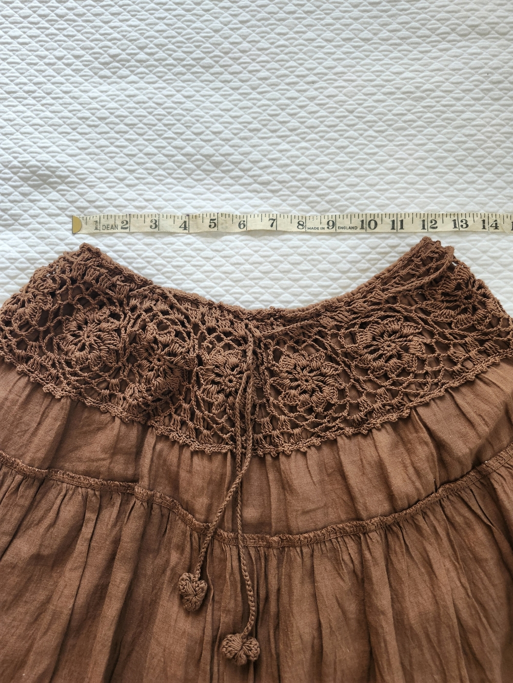 Boho Tiered Crinkle Midi Maxi Skirt with Crochet Waistband | Brown - Picture 3 of 7